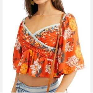 Free People Small Mirabella Floral Wrap Front Blouse Burnt Orange